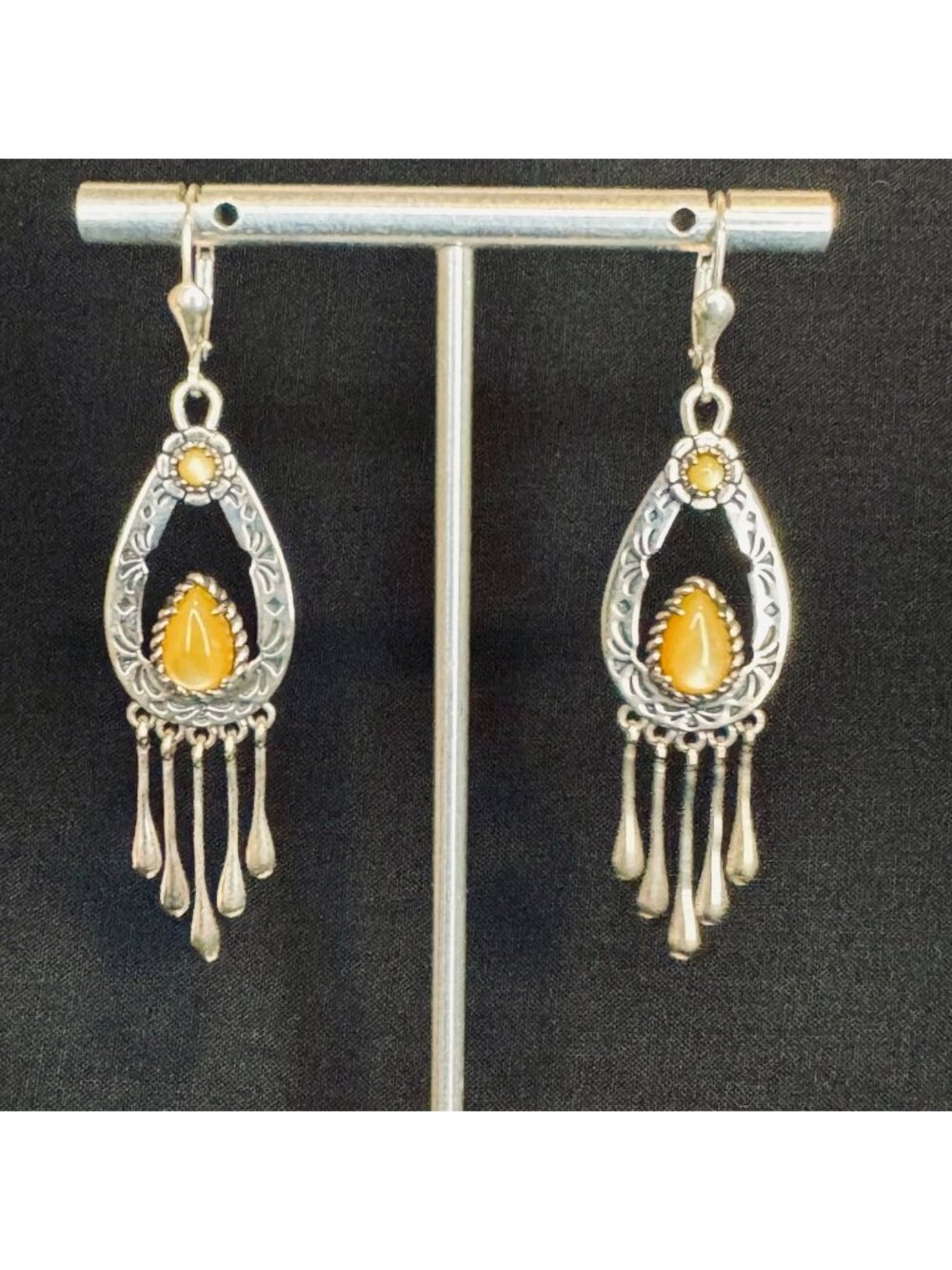 Sterling Silver 925 Yellow Mother of Pearl Tassel Dangle Earrings Size 1.5"